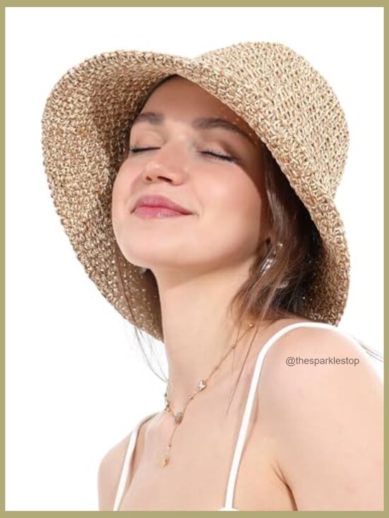 Handmade Crochet Straw Bucket Hat UPF 50+ Foldable Travel Sun Hat